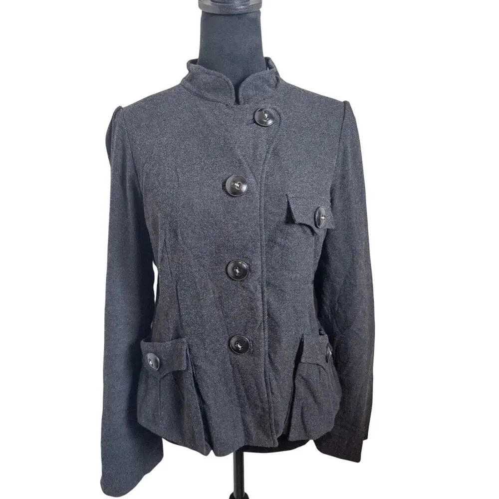 Anthropologie Elevenses Gray Structured Jacket Bird Print Fitted Blazer Size 10